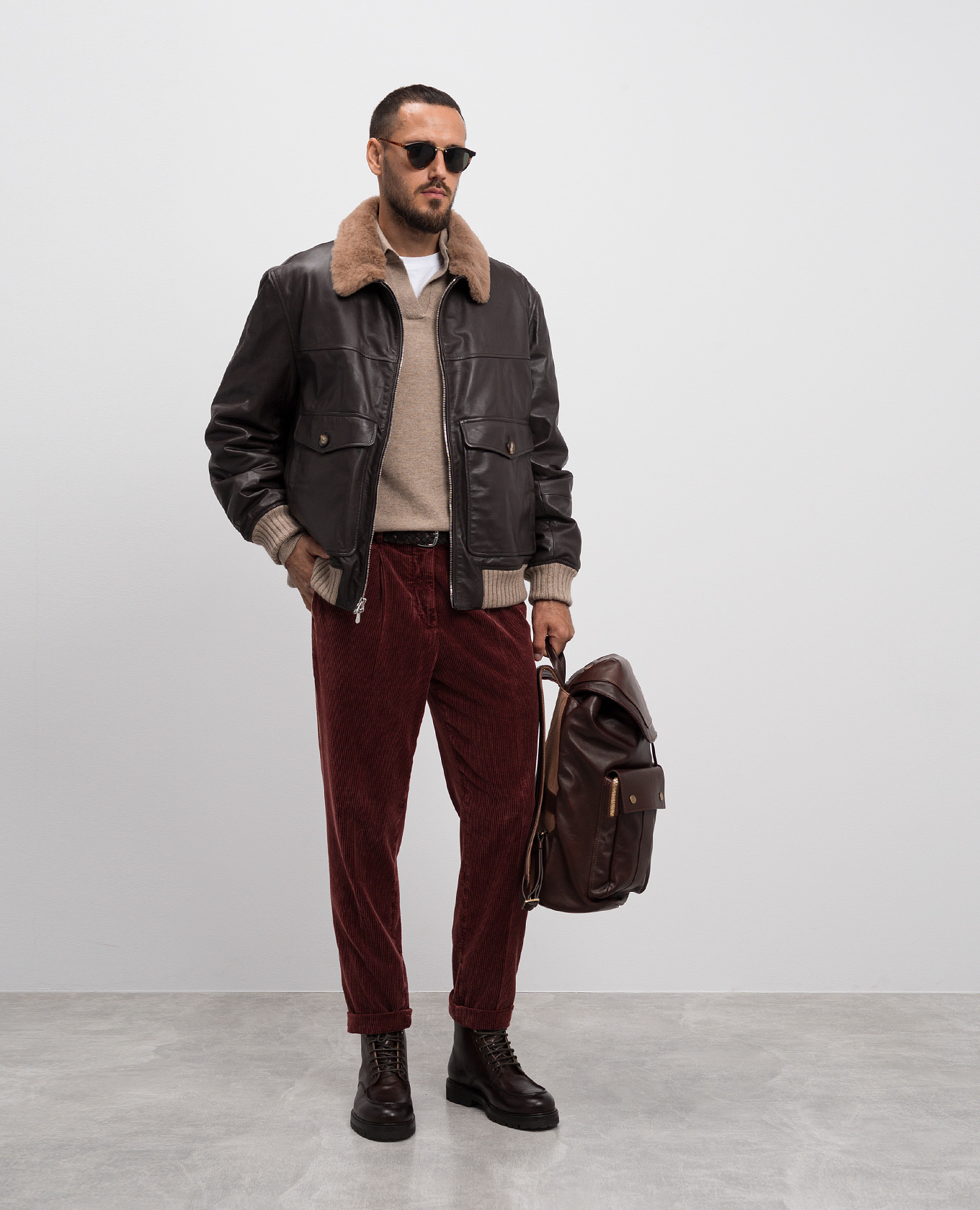 Brunello Cucinelli - Brown leather jacket with fur MPRGG2008